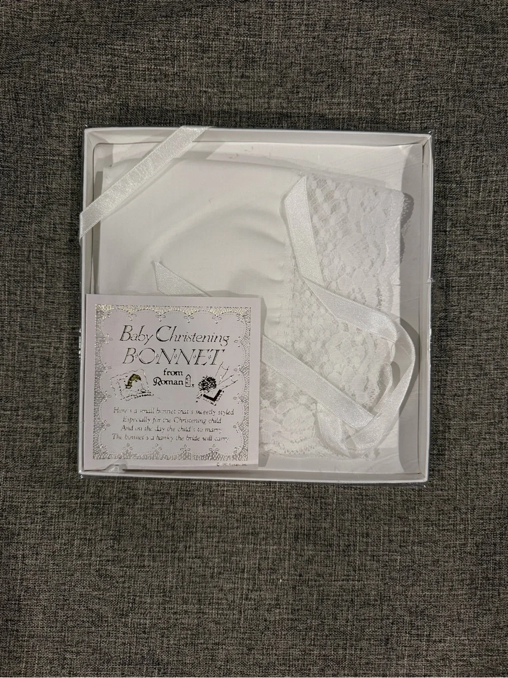 1989 Roman Keepsake Baby Christening Bonnet & Wedding Hanky